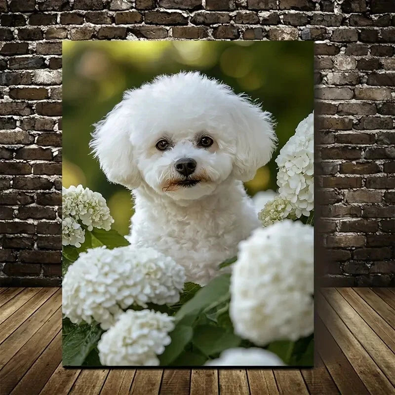 Flowers And Plants Cute Bichon Frise Dog Painting 40x60cm Metal Print Ready to Hang