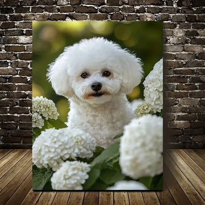 Flowers And Plants Cute Bichon Frise Dog Painting 40x60cm Metal Print Ready to Hang
