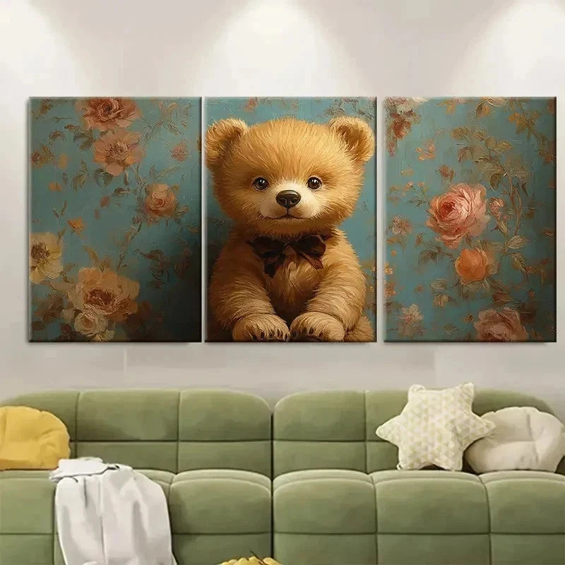 3pcs Floral Teddy Bear Illustration TI   Wall Art Set Canvas Framed 40x60cm - High Quality Print 100% Australian Made Wall Canvas Ready to Hang - Bella Home Decor
