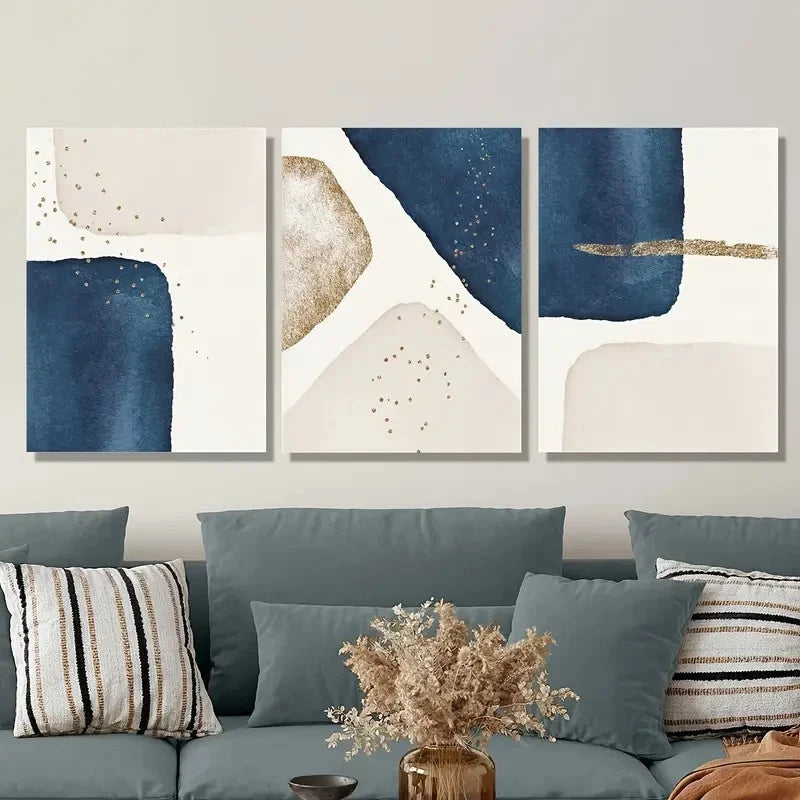 3pcs Blue and Beige Shapes with Golden Accents Metal Print Ready to Hang Art - Bella Home Decor