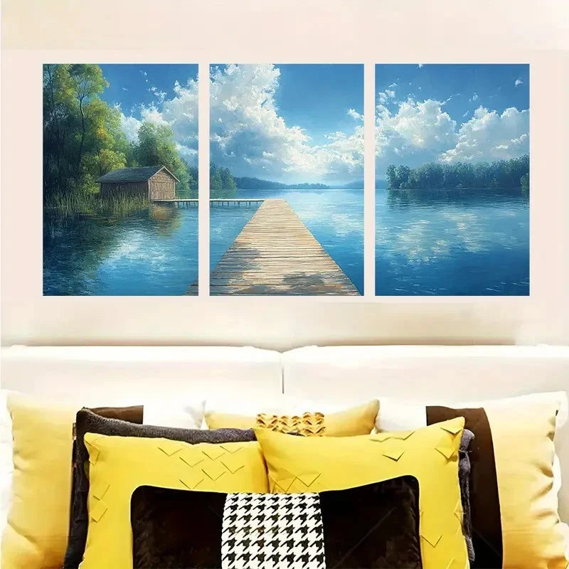 3pcs Peaceful Lake House Under A Sky Wall Art Set Canvas Framed 50x70cm - High Quality Print 100% Australian Made Wall Canvas Ready to Hang - Bella Home Decor