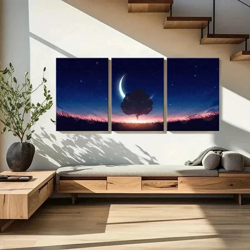 3pcs Moon Trees Grassland Fantasy Wall Art Canvas Unframed - High Quality Print 100% Australian Made Wall Canvas
