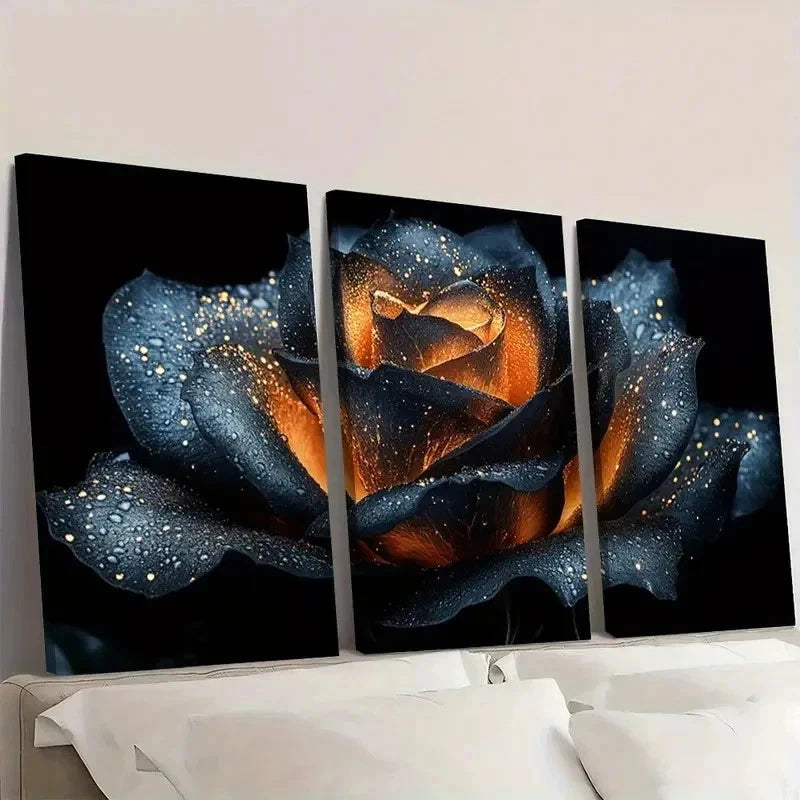 3pcs Abstract Botanical Black Golden Rose i  Wall Art Set Canvas Framed 60x90cm - High Quality Print 100% Australian Made Wall Canvas Ready to Hang - Bella Home Decor