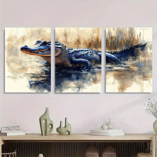 3pcs Lively Blue Crocodile with Golden Highlights Metal Print Ready to Hang Art
