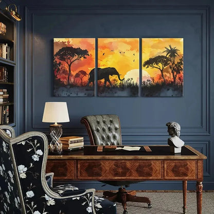 3pcs African Sunset Silhouette Elephant Landscape Metal Print Ready to Hang Art - Bella Home Decor