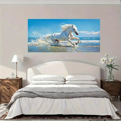 Galloping White Horse Wall Art Canvas Office Home Room Framed 120x60cm