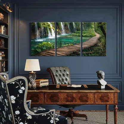3pcs Waterfall Pond Wooden Pathway Metal Print Ready to Hang Art - Bella Home Decor