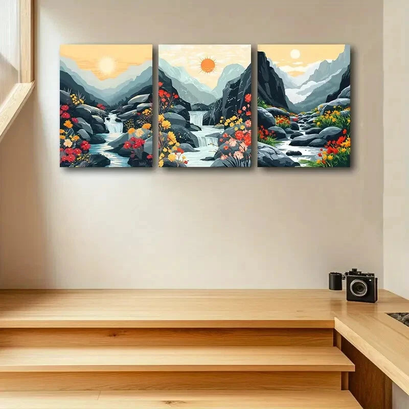 3pcs Yamanaka Mountain Landscape with Florals Metal Print Ready to Hang Art