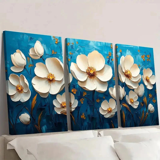 3pcs Floral Art Painting Blue Home DF Wall Art Set Canvas Framed 60x90cm - High Quality Print 100% Australian Made Wall Canvas Ready to Hang