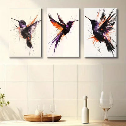 3pcs Purple and Black Hummingbird Bird Paintings Wall Art Set Canvas Framed 50x70cm - High Quality Print 100% Australian Made Wall Canvas Ready to Hang