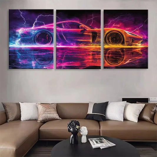 3pcs Featuring Glowing Sports Cars Metal Print Ready to Hang Art