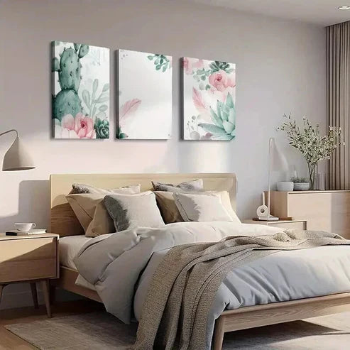 3pcs Watercolor Green Cactus and Pink Flowers Wall Art Canvas Unframed - High Quality Print 100% Australian Made Wall Canvas