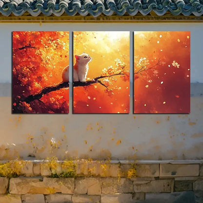3pcs Cat on Cherry Blossom Branch Autumn Colors Metal Print Ready to Hang Art