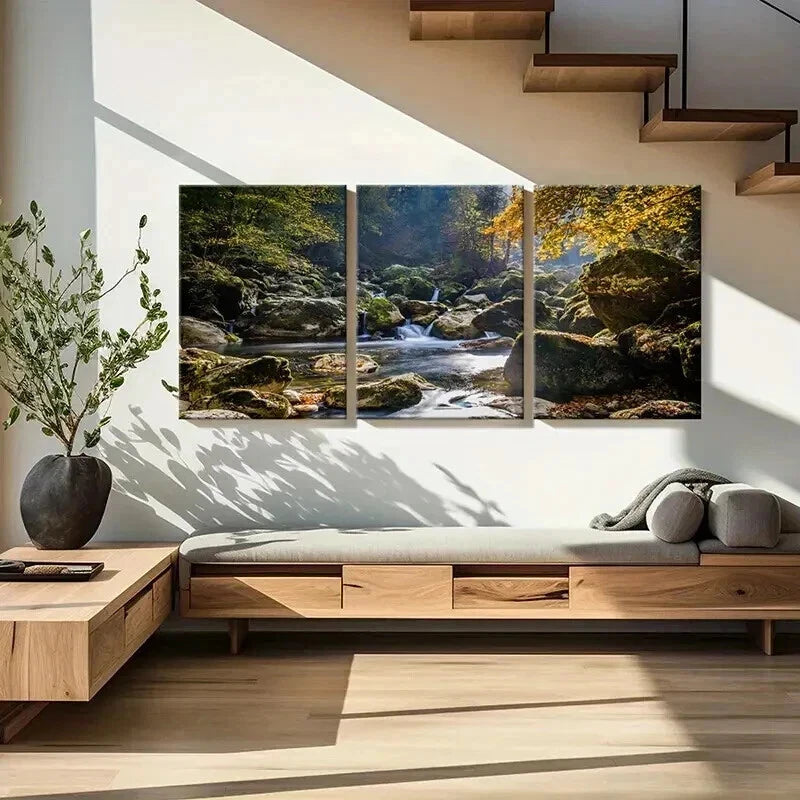 3pcs Autumn Forest River Stone Modern Wall Art Set Canvas Framed 60x90cm - High Quality Print 100% Australian Made Wall Canvas Ready to Hang - Bella Home Decor