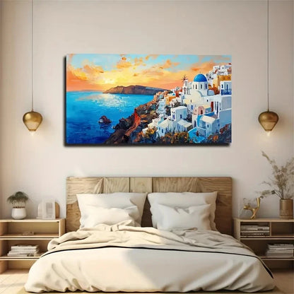 Vibrant Aerial View Santorini Wall Art Canvas Office Home Room Framed 120x60cm