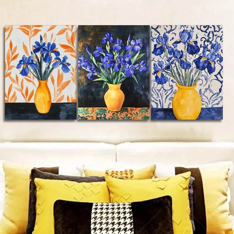 3pcs Blue Irises in Yellow Vases Triptych  Wall Art Set Canvas Framed 50x70cm - High Quality Print 100% Australian Made Wall Canvas Ready to Hang - Bella Home Decor