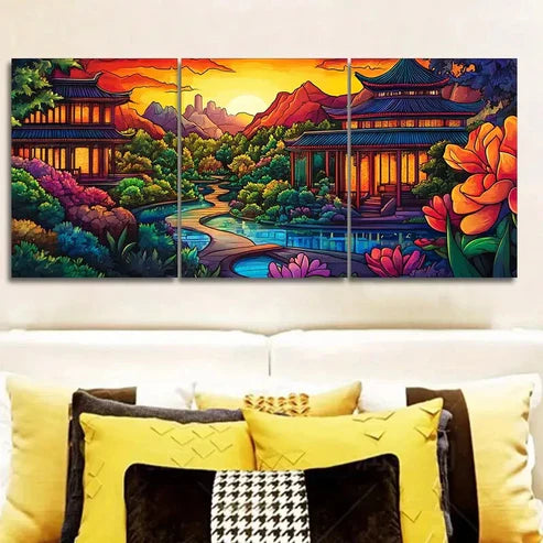 3pcs Colorful Ancient Chinese Buildings Wall Art Set Canvas Unframed - High Quality Print 100% Australian Made Wall Canvas - Bella Home Decor