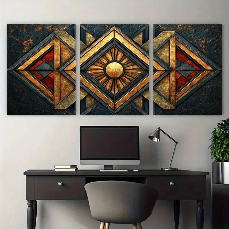 3pcs Geometric Elegant Ornamental Texture Design Metal Print Ready to Hang Art - Bella Home Decor