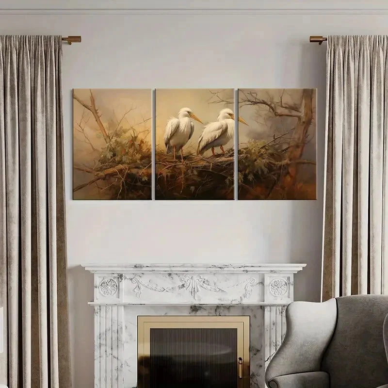 3pcs Egret Nest Tree Branches Animal Art Metal Print Ready to Hang Art - Bella Home Decor