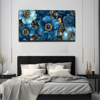 Floral wall art above a bed in a bedroom setting
