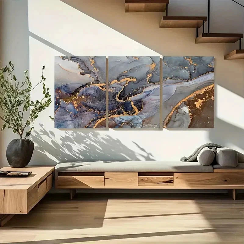 3pcs Stylish Gray and Bronze Stone Metal Print Ready to Hang Art