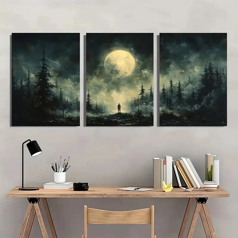 3pcs Whispering Shadows Celestial Skies Painting Metal Print Ready to Hang Art - Bella Home Decor