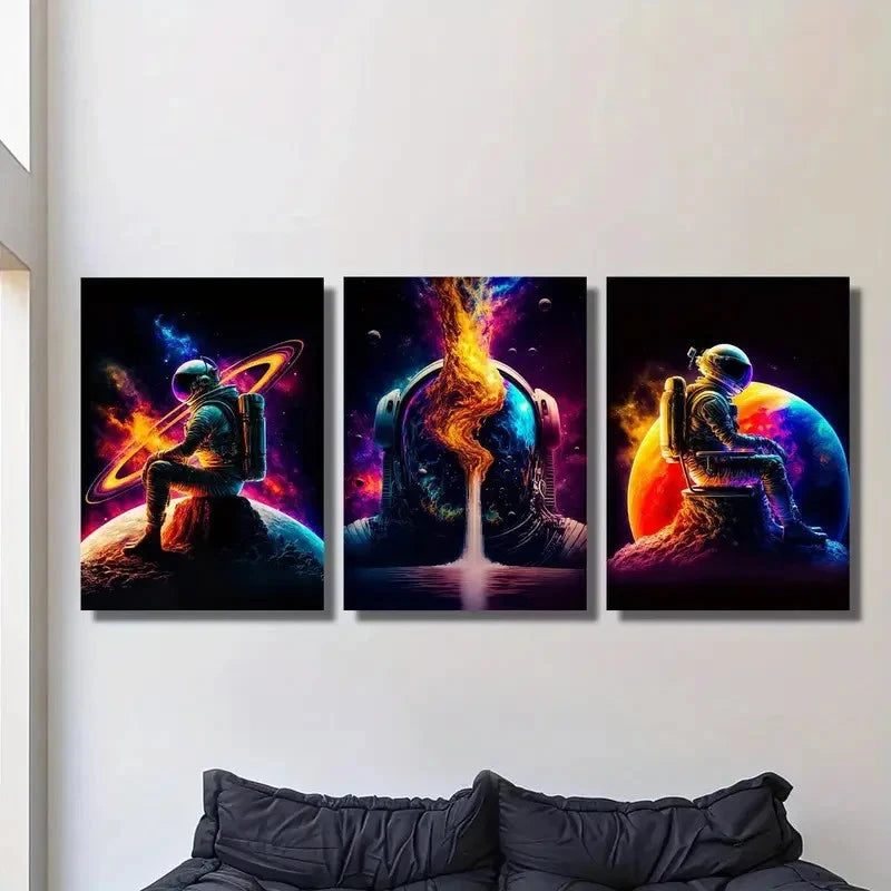 3pcs Galaxy Thinker & Colorful Space Astronaut Metal Print Ready to Hang Art - Bella Home Decor