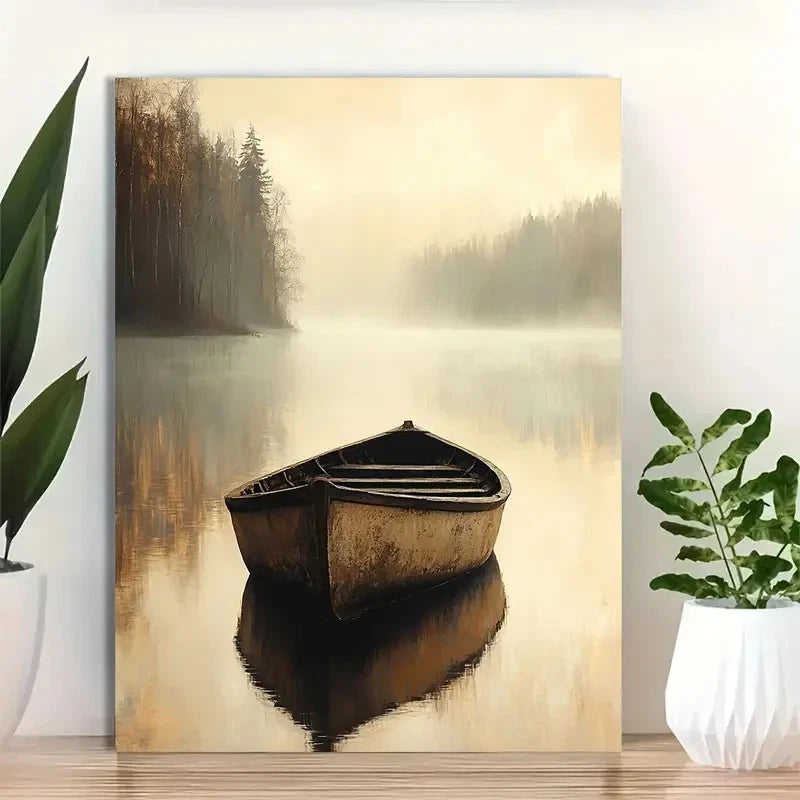 Beautiful Serene Rowboat On Foggy Lake Painting 40x60cm Metal Print Ready to Hang - Bella Home Decor