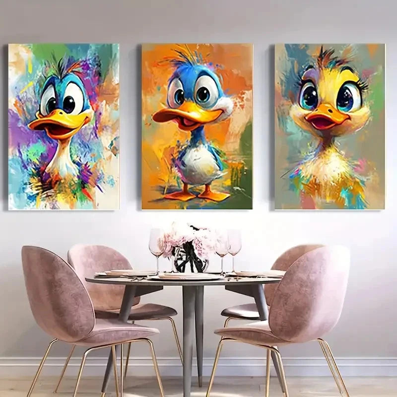 3pcs Abstract Ducky   Colorful Ducks   Wall Art Set Canvas Framed 50x70cm - High Quality Print 100% Australian Made Wall Canvas Ready to Hang - Bella Home Decor