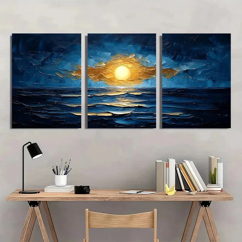 3pcs Abstract Blue & Golden Textured Artwork Metal Print Ready to Hang Art - Bella Home Decor