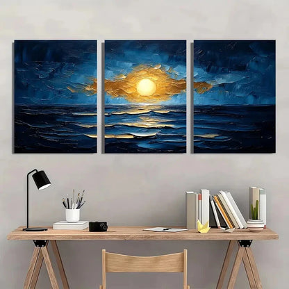 3pcs Abstract Blue & Golden Textured Artwork Metal Print Ready to Hang Art - Bella Home Decor