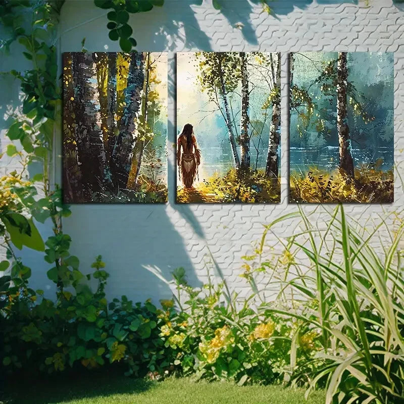 3pcs Nature with Lake and Tribe Illustration Metal Print Ready to Hang Art - Bella Home Decor