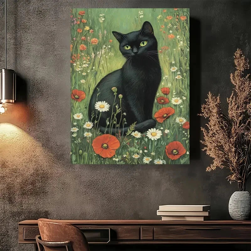 Beautiful Black Cat With Flowers Painting 40x60cm Metal Print Ready to Hang - Bella Home Decor