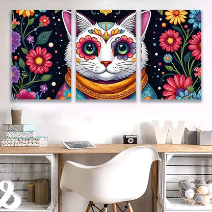 3pcs Colorful Vibrant Cat & Floral  Wall Art Set Canvas Framed 40x60cm - High Quality Print 100% Australian Made Wall Canvas Ready to Hang - Bella Home Decor