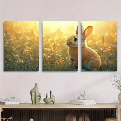 3pcs Rustic Bunny Rabbit & Wheat Field Design Metal Print Ready to Hang Art - Bella Home Decor