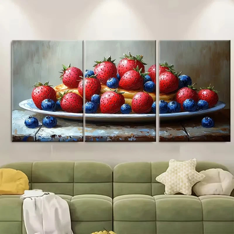 3pcs Pancakes Oil Painting Strawberry Impasto Metal Print Ready to Hang Art