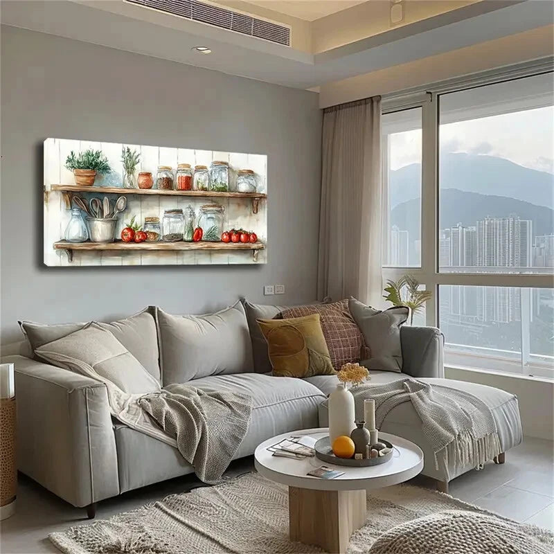 Shelves & Fresh Herbs Décor Wall Art Canvas Office Home Room Framed 120x60cm - Bella Home Decor