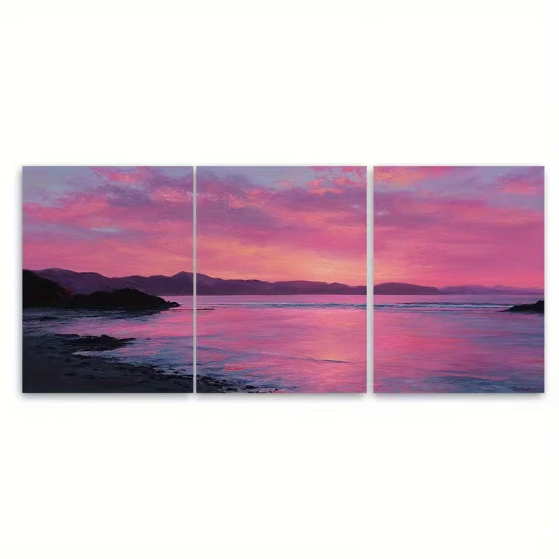 3pcs Coastal Serenity: Pink Sunset Landscape Metal Print Ready to Hang Art