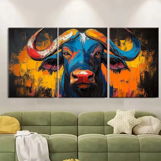 3pcs Abstract African Buffalo Oil Painting Metal Print Ready to Hang Art