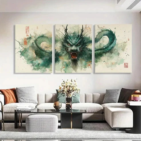 3pcs Majestic Green Dragon with Flowing Wall Art Canvas Unframed - High Quality Print 100% Australian Made Wall Canvas