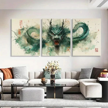 3pcs Majestic Green Dragon with Flowing Wall Art Canvas Unframed - High Quality Print 100% Australian Made Wall Canvas