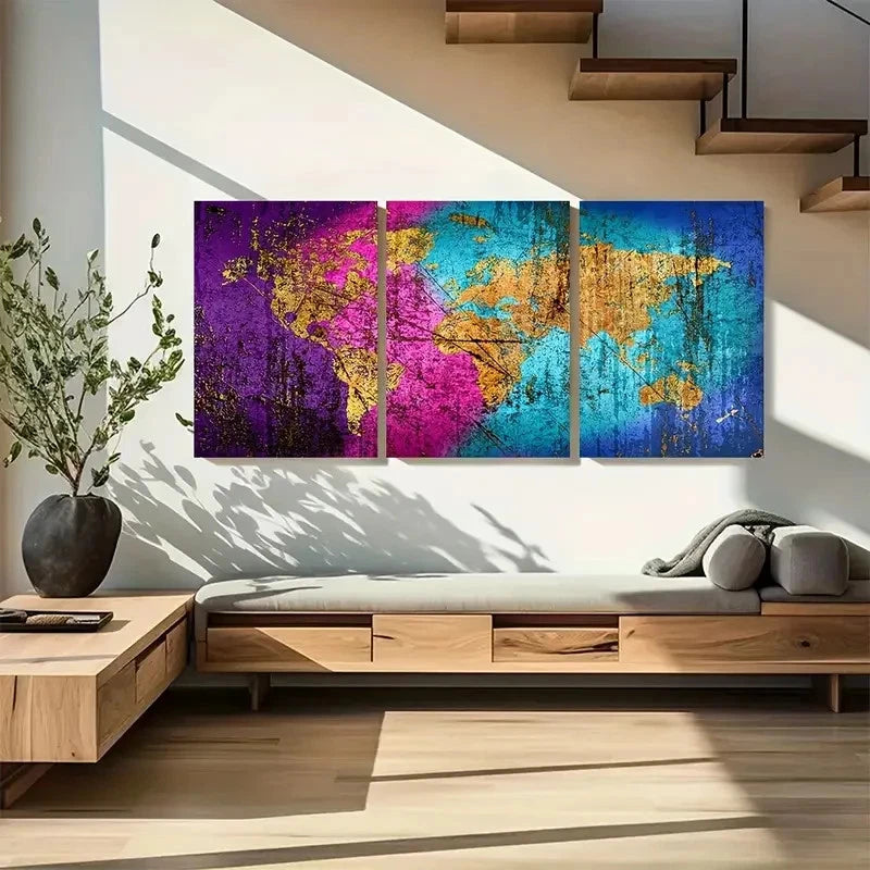 3pcs Vibrant World Map Art Panels Metal Print Ready to Hang Art