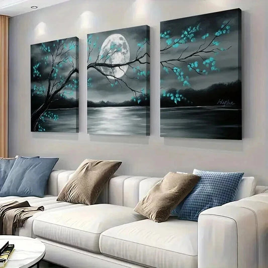 3pcs Gray and Teal Floral Landscape & Full Moon Wall Art Set Canvas Framed 50x70cm - High Quality Print 100% Australian Made Wall Canvas Ready to Hang