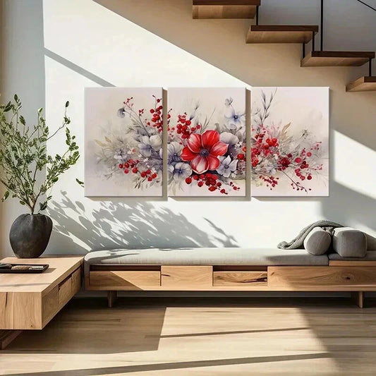 3pcs Red Flower Bouquet Abstract Floral Wall Art Set Canvas Framed 50x70cm - High Quality Print 100% Australian Made Wall Canvas Ready to Hang
