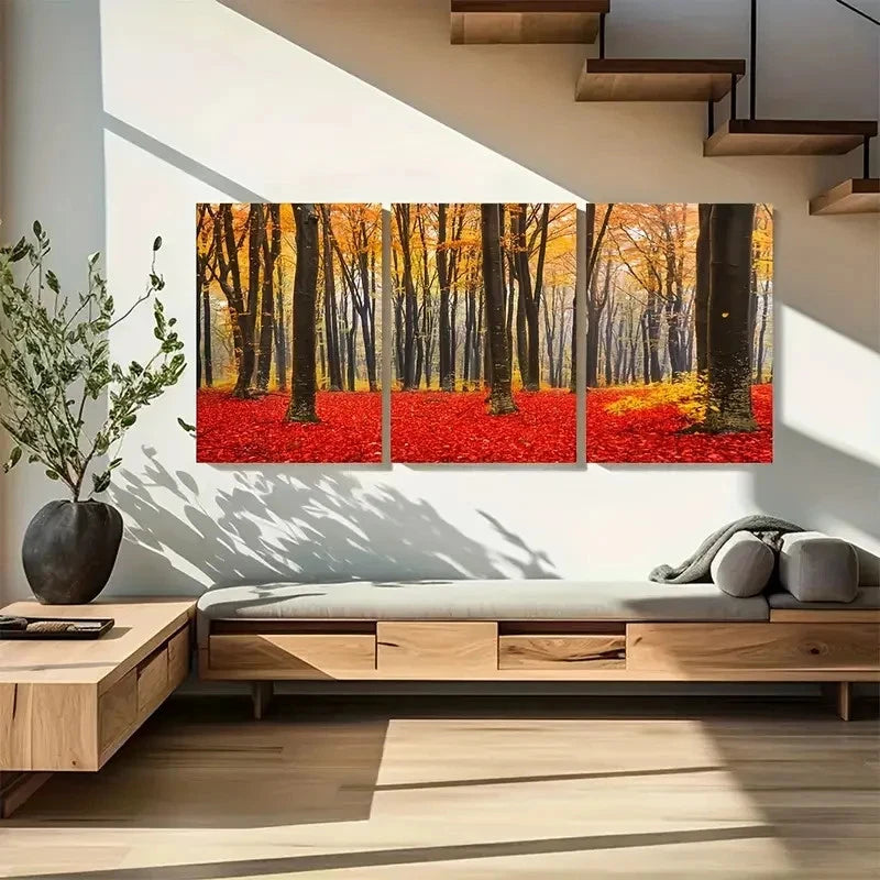3pcs Red & Yellow Leaves Nature Photography Metal Print Ready to Hang Art