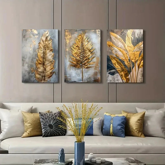 3pcs Golden Leaves & Feather Metal Print Ready to Hang Art