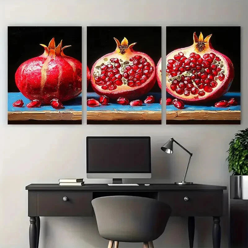 3pcs Still Life Pomegranate on Blue Background Metal Print Ready to Hang Art - Bella Home Decor