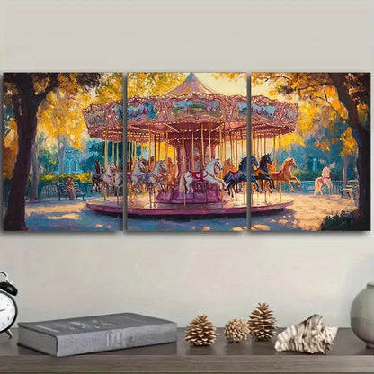 3pcs Pink Carousel Design Wall Art Set Canvas Framed 40x60cm - High Quality Print 100% Australian Made Wall Canvas Ready to Hang