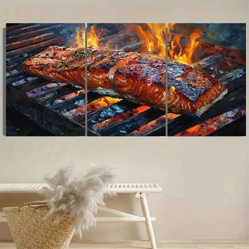 3pcs Grilled Salmon Fish Food Print Art Wall Art Set Canvas Framed 40x60cm - High Quality Print 100% Australian Made Wall Canvas Ready to Hang
