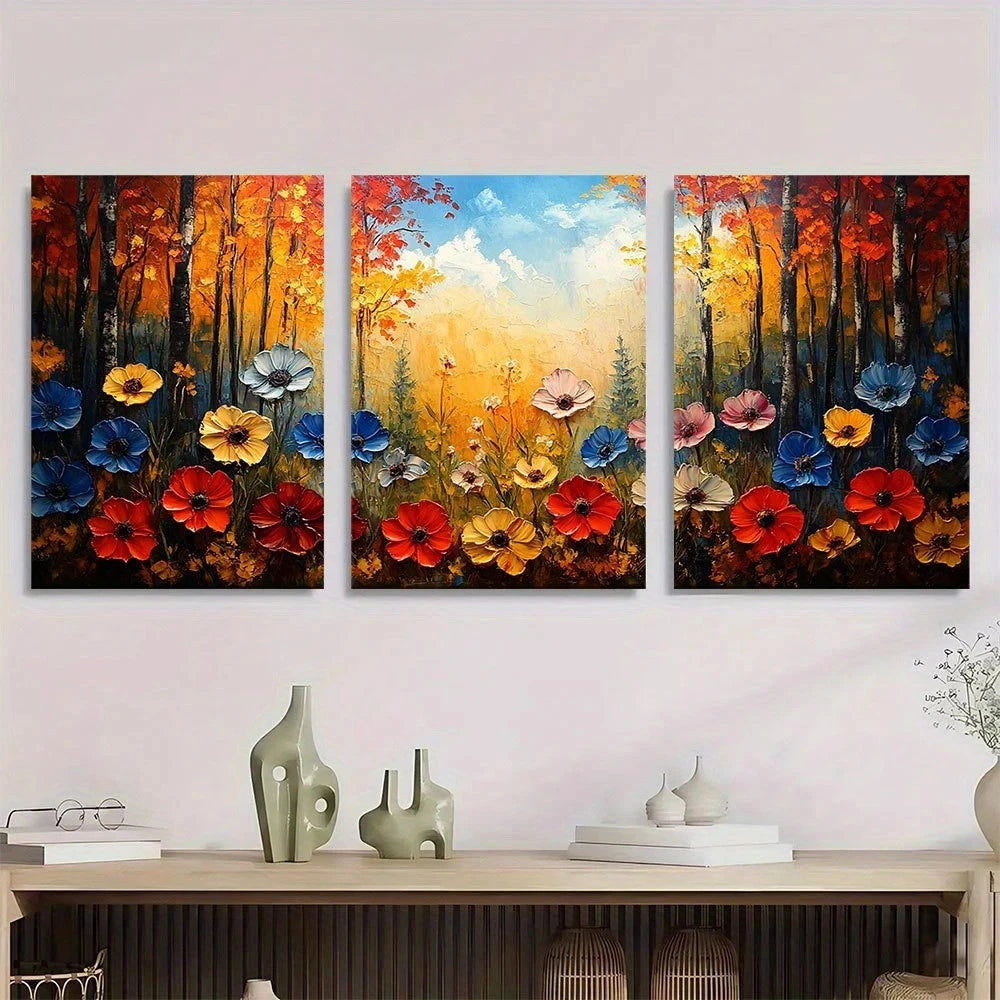 3pcs Colorful Forest Field Oil Painting Metal Print Ready to Hang Art - Bella Home Decor